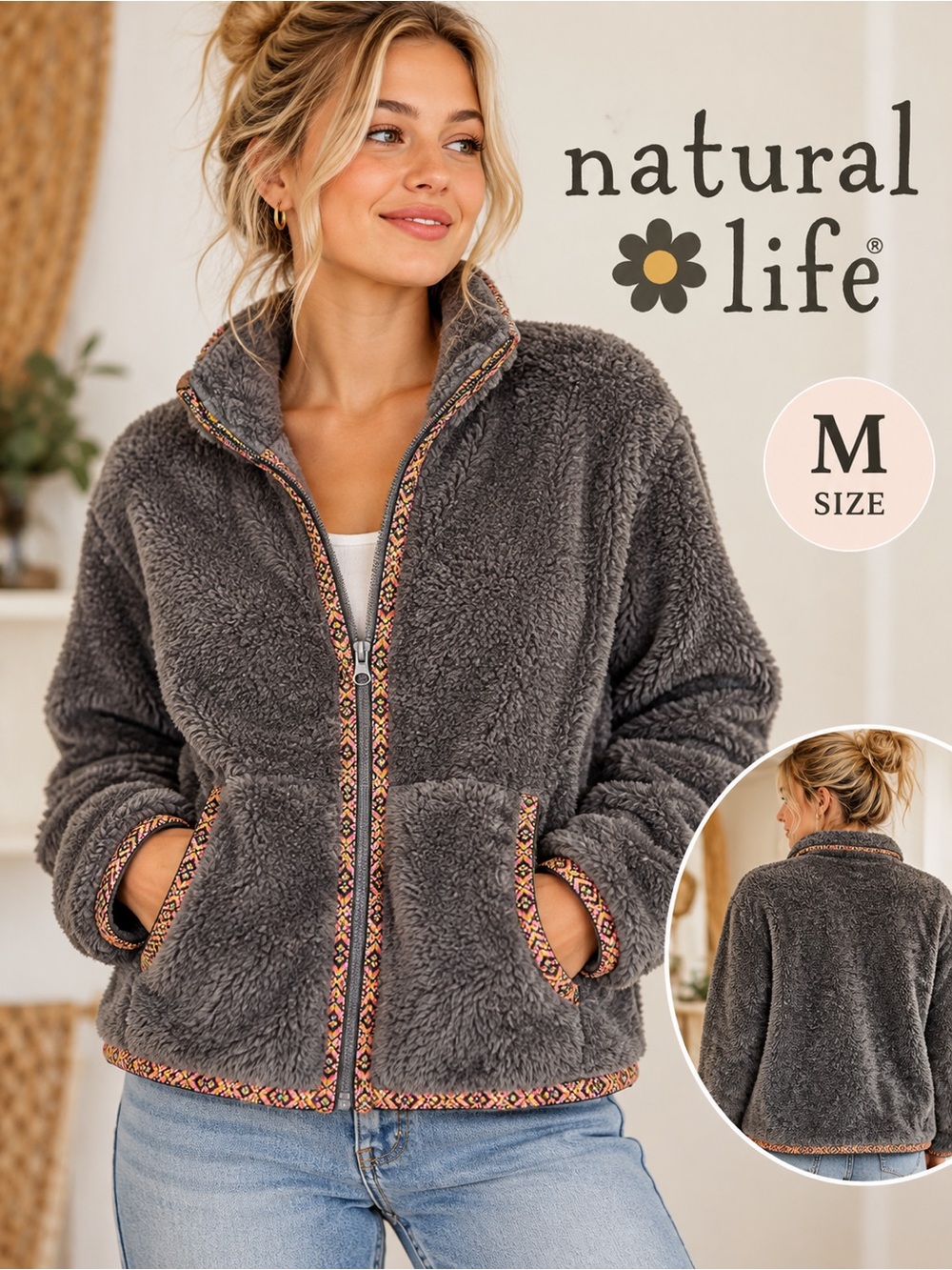Natural Life Gray Sherpa Fleece Full Zip Jacket Boho Trim Size Medium